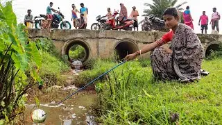 Fishing video | Best Hook Fishing | lady caught fish in the village canal  | India Fishing 09 🐟