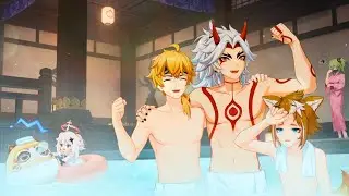 Paimon & Sayu bathes with Topless Itto, Thoma, and Gorou.. Cutscene | 5.4 Mikawa Flower Festival