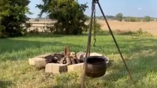 Outdoor chili in a cast iron kettle