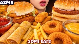 BURGER, FRENCH FRIES, ONION RINGS, VEGGIE FINGER, SPRING ROLL WITH CHEDDAR CHEESE SAUCE MUKBANG