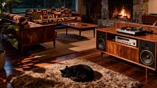 Beautiful Evening of Jazz-Fireplace Crackling-Big Sleepy Black Cat