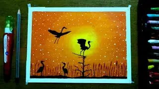 Crane Birds sunset scenery drawing with Oil pastels