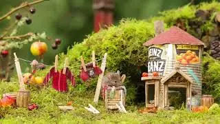 George the Mouse in a Log pile House - wash day at bean can cottage