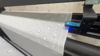 Belt textile printer with visual position for roller fabric 