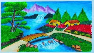 hill with river scenery drawing\\river side village scenery drawing easy\\drawing idea for beginners
