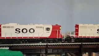 SOO LINE SD40-2, GP9 pull GN, CB&Q, NP, ROCK ACF CENTER FLOW 2-bay hoppers, SOO gondolas, caboose