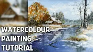 How to Paint a winter Landscape in watercolour, snow, tree, river, reflection #painting #watercolor