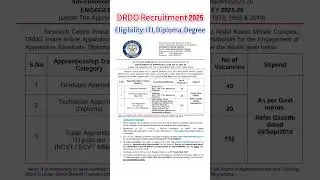 DRDO Recruitment 2025 | Eligibility: ITI, Diploma, Degree |DRDO Apprentice Recruitment 2025 Detailed
