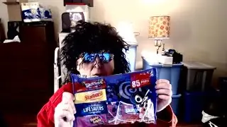 Review of Skittles bite size candies, Starburst fruit chews, Lifesavers candy, and Hubba Bubba Max.
