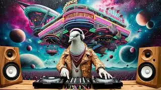Transhumanist a hyper realistic cork pigeon that is dj in an open air club