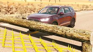 Cars vs Log Trap & Spike Strip #1 - BeamNG DRIVE | BY Hanover Drive @MotaDrive