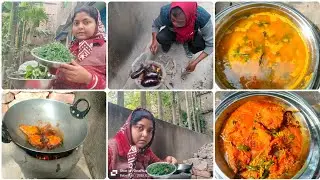 Bengali village dish fish curry mix saag fry & veg daal in winter special rosted eggplant 🍆👌🌿🎏