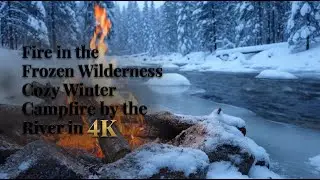 Fire in the Frozen Wilderness ❄️ Cozy Winter Campfire by the River in 4K