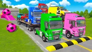 Triple Flatbed Trailer McQueen Transportation with Truck - Speedbumps vs Cars vs Train - BeamNG #4