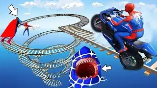 الأبطال الخارقين على القضبان دوامة قمع جسر 🏄&zwj;♂️SPIDER MAN!on Motorcycle in Spiral Bridge Stunt Rid