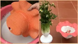 The idea of ​​making a cement pot with a straw hat and a plastic bottle