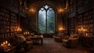Rain on the Window in a Cozy Library | Candlelight Ambience for Sleep & Focus