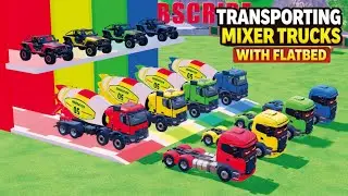 TRANSPORTING ALL COLORFUL GENERATION MIXER TRUCKS WITH FLATBED TRAILER MAN JEEP OFFROAD, SCANIA FS22