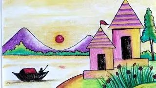 How to draw easy sunset scenery  //  very easy temple scenery drawing