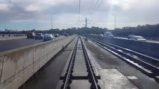 Transperth B series EMU cab view approaching Perth city across Mt Henry bridge.