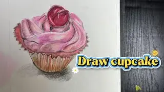 Realistic&nbsp; Cupcake pink drawing in color pancil |Pink cream red berries #artistyoutoub