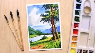 Watercolor painting for beginners mountain landscape and trees step by step