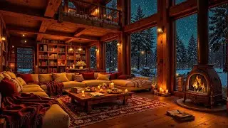Peaceful Winter Night Ambience with Fireplace ☃️ Relaxing Jazz Instrumental Music for Stress Relief