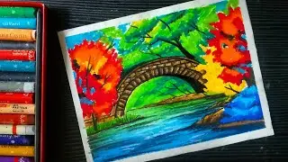Bridge scenery Oil pastel drawing |  oil pastel scenery drawing