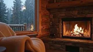 Cozy Fireplace with Rain Outside  1 Hour Ambient Atmosphere 4K