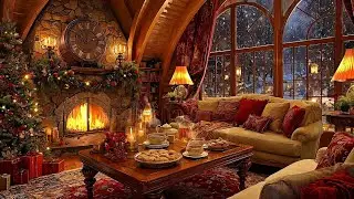 Warm Holiday Hearth | Cozy Christmas Living Room & Snowy Night Ambience