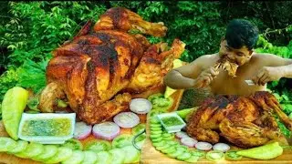  Roasted Chicken Masala Recipe In Pan | Roasted Chicken Eating With Hot Sauce In Forest.