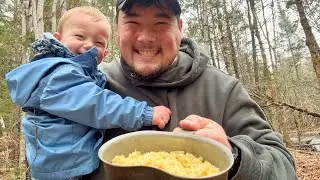 Fishing and stream side ramen lunch with Canaan cooked in a canteen cup stove!