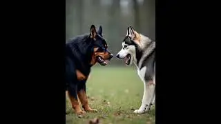 a Rottweiler and a Siberian Husky facing each other with a hostile demeanor. #battle #husky  #animal