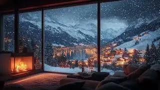 ❄️ Peaceful Winter Night by a Snowy Mountain Lake | Soft Snowfall ASMR & Cozy Fireplace