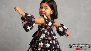 Girls floral layered princess frock dress with dual bell sleeves @Sewingswing #dresses #bellsleeves