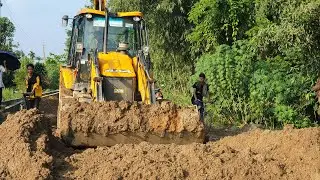 JCB Backhoe Loader Making Drain and Leveling Soil on Road - JCB Working For Road Construction - JCB
