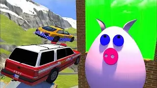 Crazy Vehicle High Speed Jumps Over Giant PIG Through Green Slime Water Wall - BeamNG drive Jumps