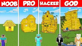 GOLD BLOCK BASE HOUSE BUILD CHALLENGE - Minecraft Battle: NOOB vs PRO vs HACKER vs GOD / Animation