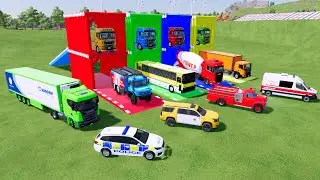 TRANSPORTING COLORFUL MIXER TRUCK, KARA TRUCK, MERCY POLICE CARS, AMBULACE, MINI TANKER FS22