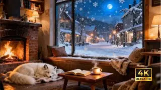 Cozy Snowy Jazz Night, Warm Piano & Fireplace Cafe
