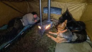 Rain Camping in Deep Snow with My Dogs | Winter Camping in a Snow-Covered Forest with a Heated Tent