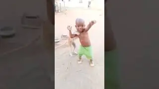 Patas monkey plays with kid