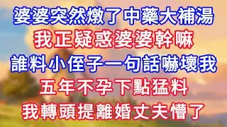 婆婆突然燉了中藥大補湯，我正疑惑婆婆幹嘛，誰料小侄子一句話嚇壞我，五年不孕下點猛料，我轉頭提離婚丈夫懵了！#為人處世#生活經驗#情感故事#故事#小說#戀愛#情感#婚姻