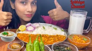 Eating lobhiya daal with Palak saag || sweet lassi || fry mirch 🌶️ 