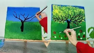 Tree and Flowers painting | poster colours painting tutorial | #creative #art #satisfying #fyp