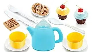 Toy tea set with teapot, three plates, three cookies, two cups, two cupcakes, spoon, knife and fork.