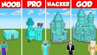 DIAMOND CASTLE BASE BUILD CHALLENGE - Minecraft Battle: NOOB vs PRO vs HACKER vs GOD / Animation