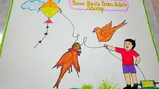 Makar sankranti drawing/easy kite drawing/save birds from kites string drawing/sankranti kitedrawing