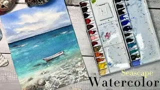 Tropical Beach Turquoise Seascape With a Boat In Watercolor Landscape Relaxing Painting Step By Step