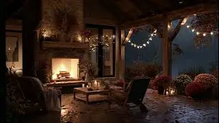 🍂 Rainy Patio  🌧️ Cozy Outdoor Fireplace & Candlelight Ambience 🕯️ with Gentle Piano Music 🎹